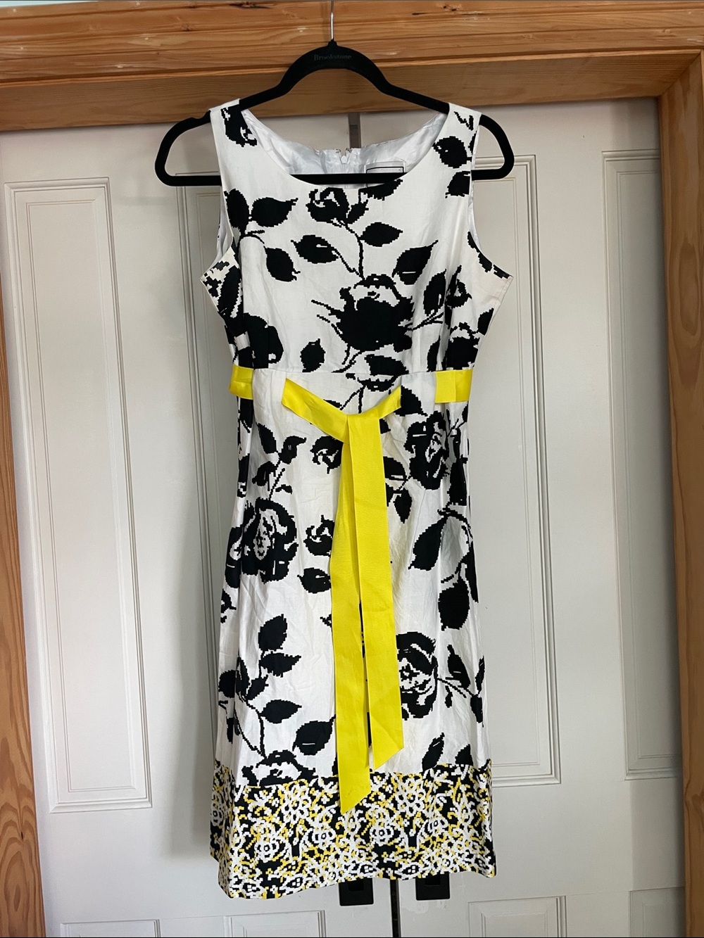 karin stevens Black & White Cotton Floral Midi Dress with Yellow Tie Belt